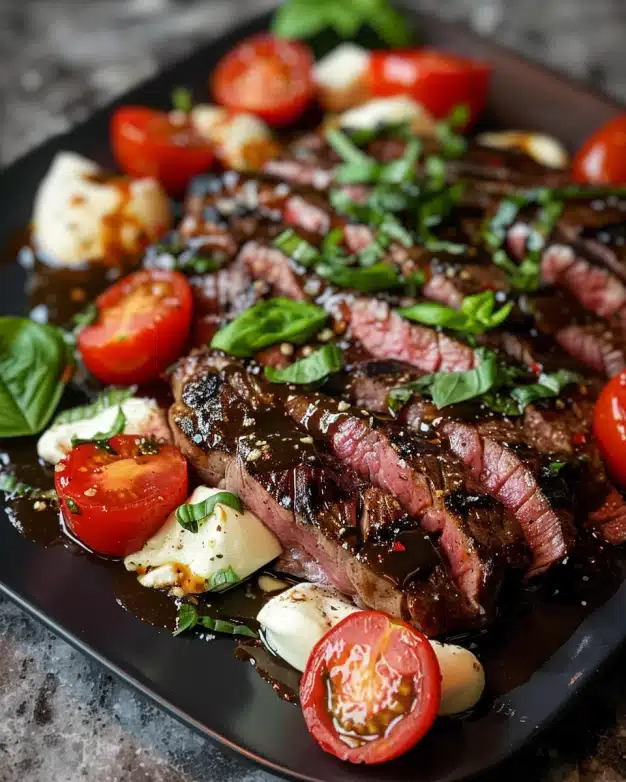 Grilled Balsamic Steak with Mozzarella, Tomatoes & Fresh Basil