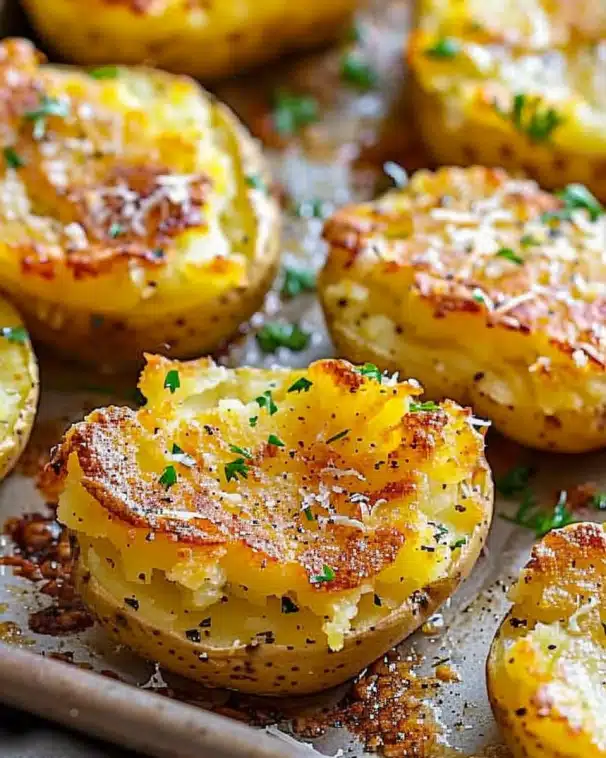 Baked Smashed Potatoes With Garlic & Parmesan