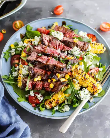 Balsamic Steak Gorgonzola Salad with Grilled Corn Recipe