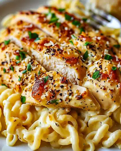 Creamy Garlic Parmesan Chicken with Cheesy Twisted Pasta