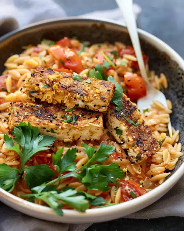 Creamy Tomato Orzo with Crispy Tofu Cutlets