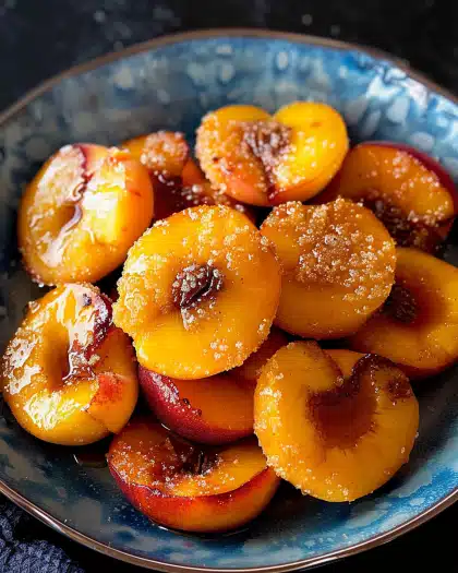 Easy pan fried peaches with sugar and cinnamon