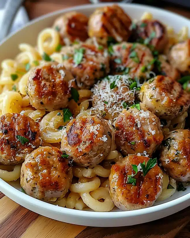 Garlic Butter Sausage Bites with Creamy Parmesan Pasta