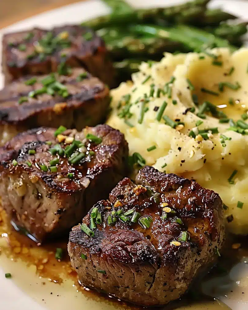 Garlic Parmesan Steak Bites with Mashed Potatoes