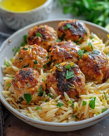 Greek Chicken Meatballs with Lemon Orzo