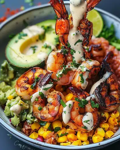 Grilled Shrimp Bowl with Avocado, Corn Salsa & Creamy Garlic Sauce