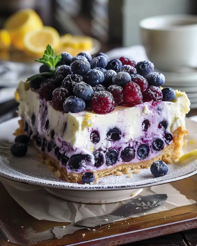 Lemon Blueberry Shortbread Mousse Cake