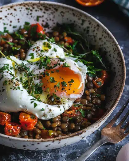 Mediterranean Braised Lentils with Poached Egg