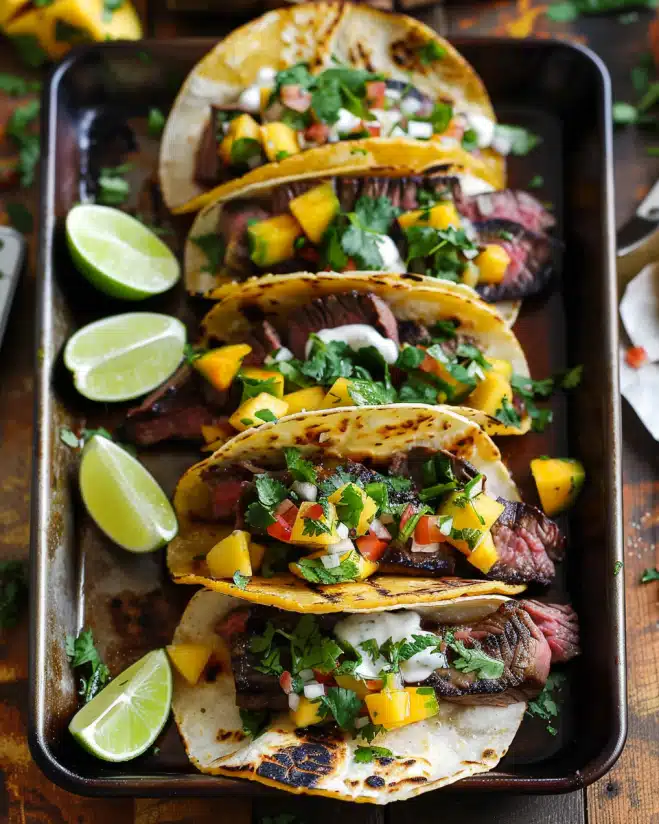 Steak Tacos with Mango Salsa and Spicy Cilantro-Lime Crema