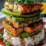 Teriyaki Salmon Avocado Rice Stack