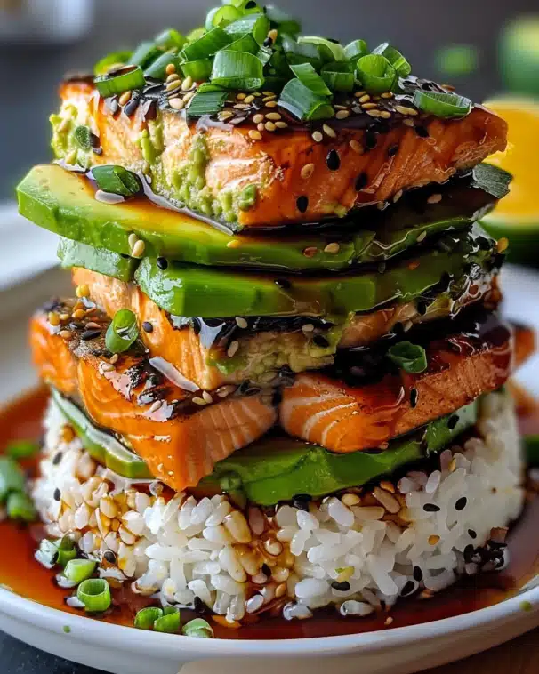 Teriyaki Salmon Avocado Rice Stack