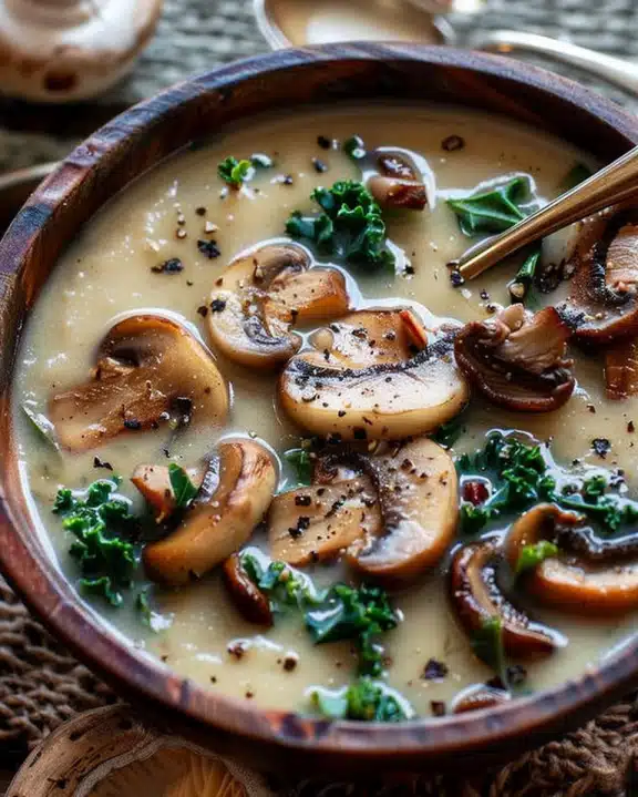 Wild Mushroom, Caramelized Onion and Kale Soup