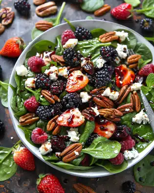 Berry Spinach Salad with Pecans, Feta, and Balsamic Glaze