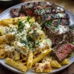 Cheesy Garlic Butter Steak with Rigatoni in Four-Cheese Sauce