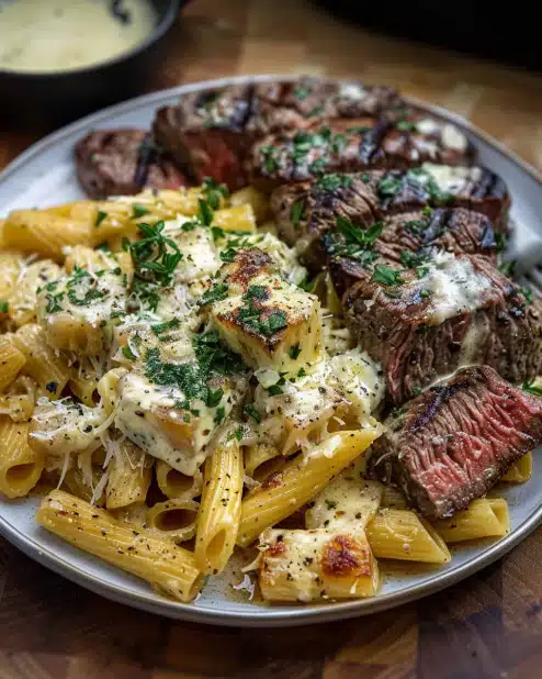 Cheesy Garlic Butter Steak with Rigatoni in Four-Cheese Sauce