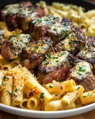 Cheesy Garlic Butter Steak with Rigatoni in Four-Cheese Sauce