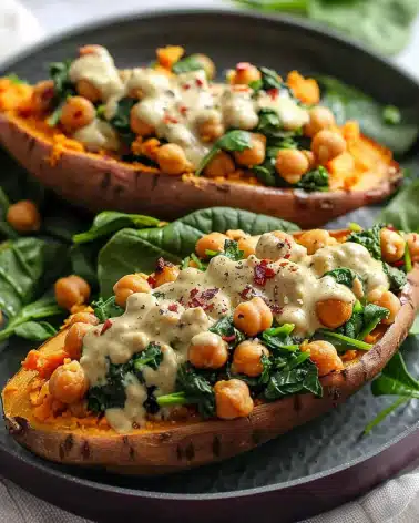 Chickpea Spinach Stuffed Sweet Potatoes