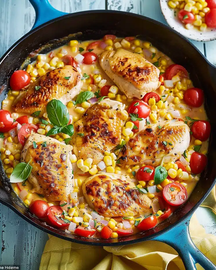 Creamy Chicken, Corn and Tomato Skille