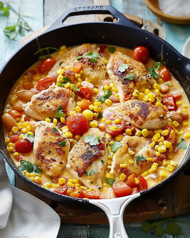Creamy Chicken, Corn and Tomato Skille