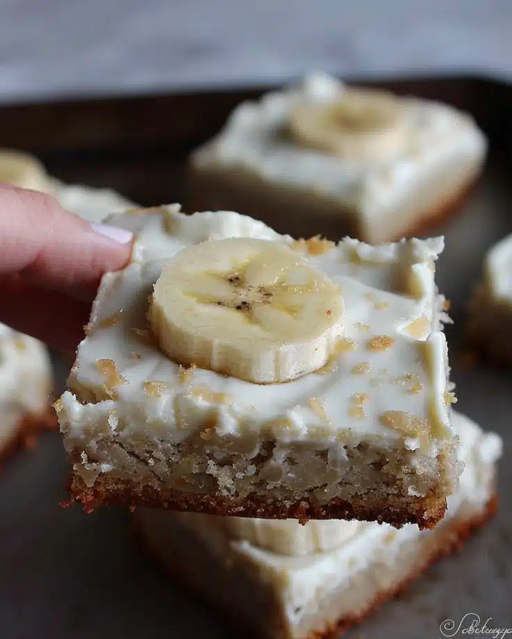 Healthy Banana Blondies with Greek Yogurt Cream Cheese Frosting