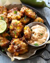 Jalapeño Cheddar Corn Fritters with Chipotle Aioli