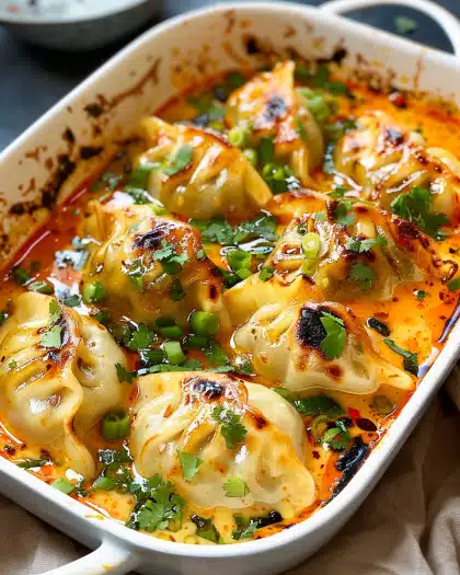 One Pan Baked Dumplings in Thai Coconut Curry Sauce