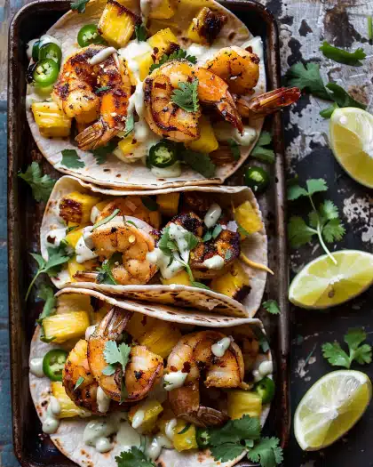 Sheet Pan Hawaiian Pineapple Shrimp Tacos with Creamy Jalapeño Special Sauce