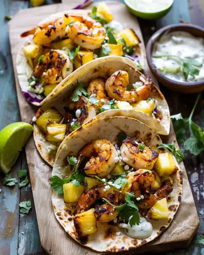 Sheet Pan Hawaiian Pineapple Shrimp Tacos with Creamy Jalapeño Special Sauce