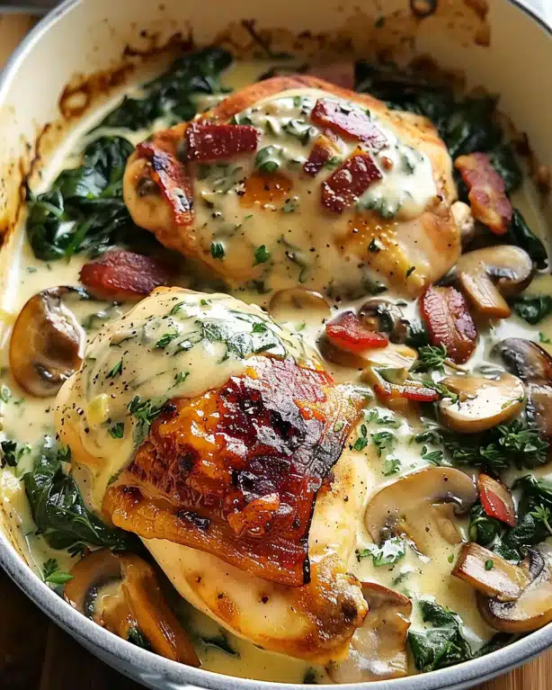 Smothered Chicken with Creamed Spinach, Bacon, and Mushrooms
