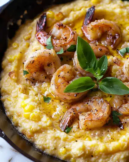 Spicy Garlic Lemon Butter Shrimp with Parmesan Corn Polenta