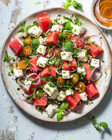 Watermelon Feta Salad with Pickled Shallots