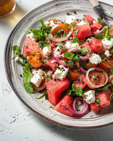 Watermelon Feta Salad with Pickled Shallots