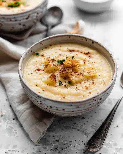 CREAMY ROASTED GARLIC POTATO SOUP (VEGAN)