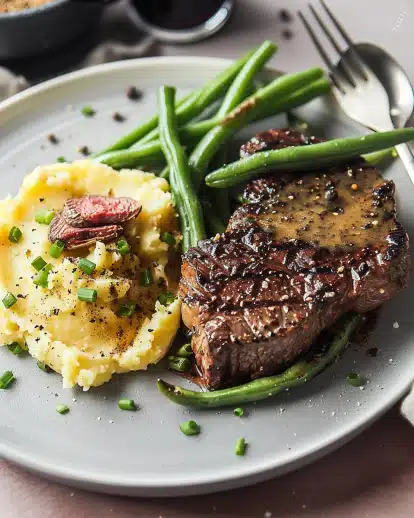 Classic steak au poivre (French pepper steak) with mashed potatoes and green bean bundles