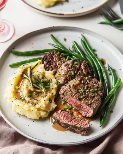 Classic steak au poivre (French pepper steak) with mashed potatoes and green bean bundles
