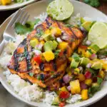 Grilled Lime Salmon with Avocado-Mango Salsa and Coconut Rice