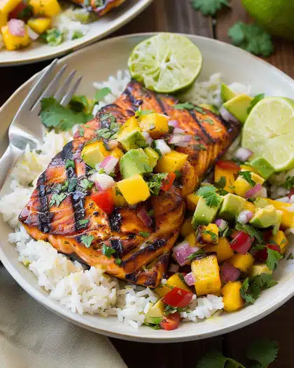 Grilled Lime Salmon with Avocado-Mango Salsa and Coconut Rice