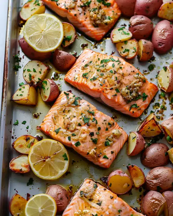 One Sheet-Pan Garlic Butter Salmon + Red Potatoes