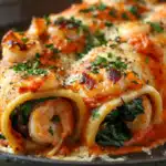 Shrimp and Spinach Stuffed Pasta Rolls with Roasted Red Pepper Cream