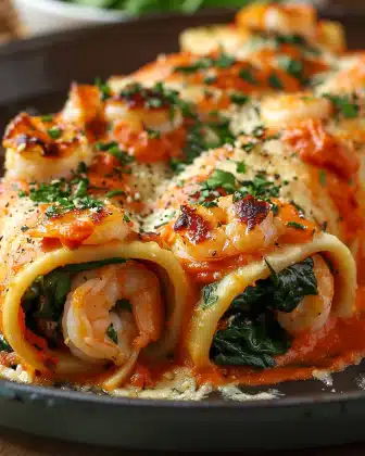 Shrimp and Spinach Stuffed Pasta Rolls with Roasted Red Pepper Cream