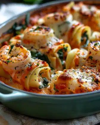 Shrimp and Spinach Stuffed Pasta Rolls with Roasted Red Pepper Cream