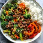 Spicy Ground Beef Stir-Fry Bowl with Garlic Veggies & Steamy Rice