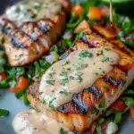 Tuna Steaks with Creamy Garlic Sauce and Salad