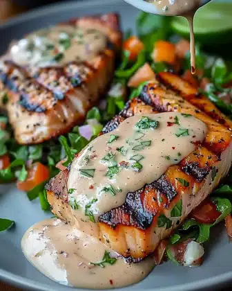 Tuna Steaks with Creamy Garlic Sauce and Salad