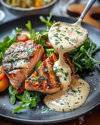 Tuna Steaks with Creamy Garlic Sauce and Salad