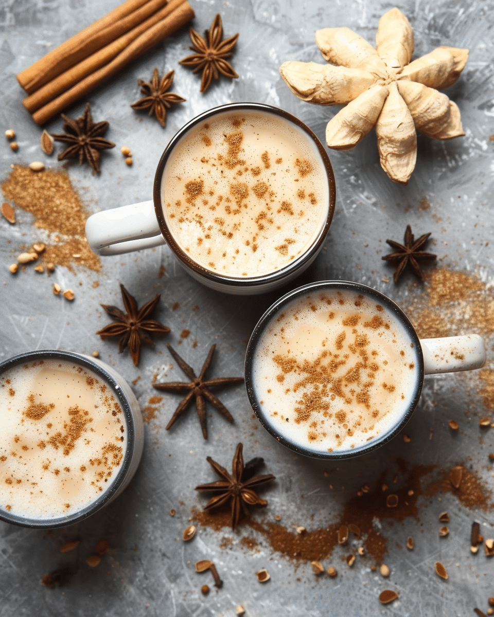 Aromatic Masala tea in cup, spices and brown sugar on grey table, flat lay