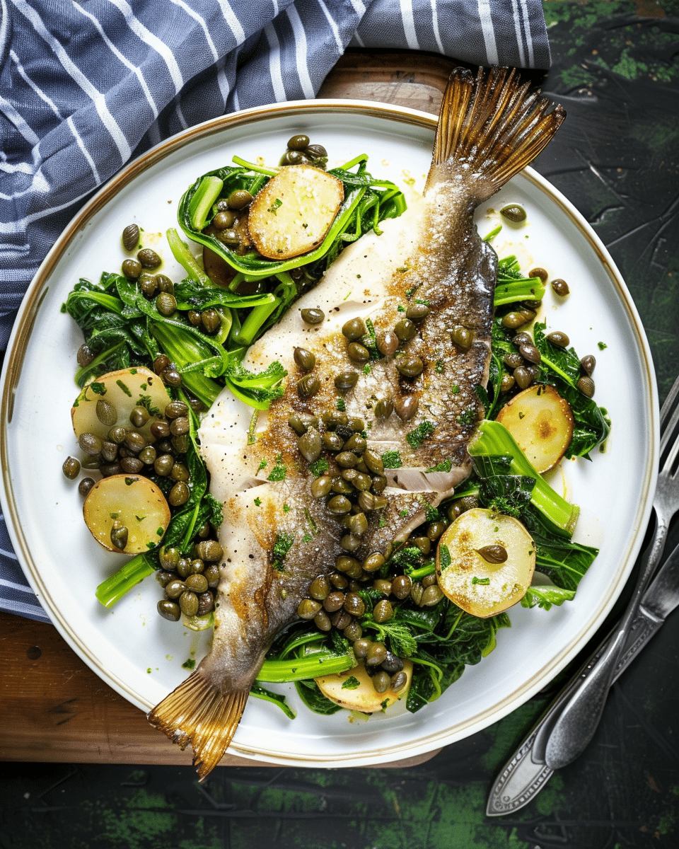 Roast Turbot with New Potatoes, Capers and Summer Greens