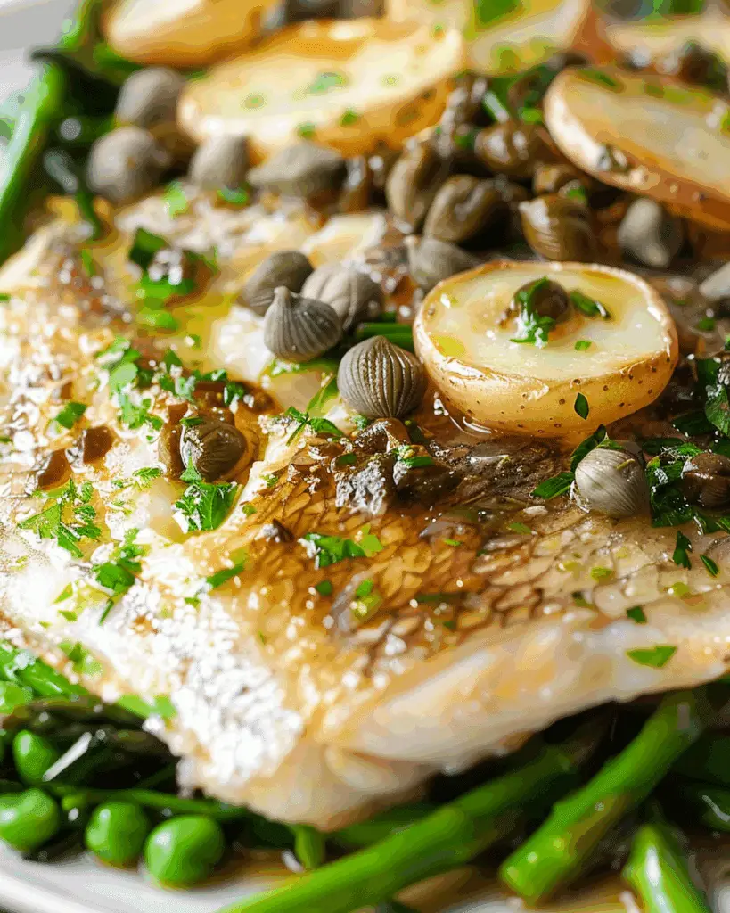 Roast Turbot with New Potatoes, Capers and Summer Greens