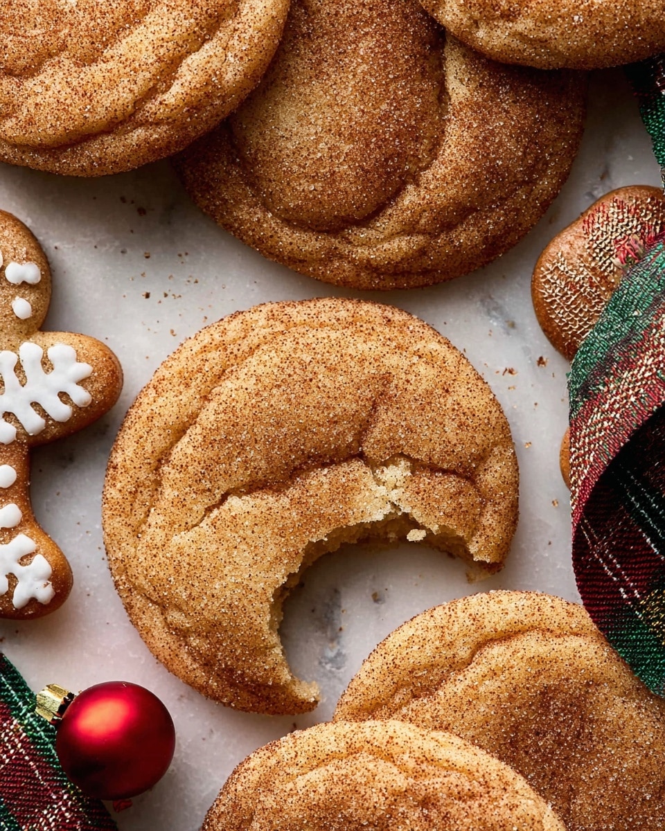 A close-up view of several round, soft-looking cookies with a cracked surface and coated in a cinnamon sugar mix, giving them a warm golden-brown color. One cookie is in the center with a bite taken out of it, revealing a soft, slightly chewy inside with a light tan color. The cookies are placed on a white marbled surface, surrounded by a small gingerbread cookie with white icing details and a small shiny red ornament ball, and a bit of a plaid ribbon in red, green, and gold colors peeking from the top right corner. photo taken with an iphone --ar 4:5 --v 7