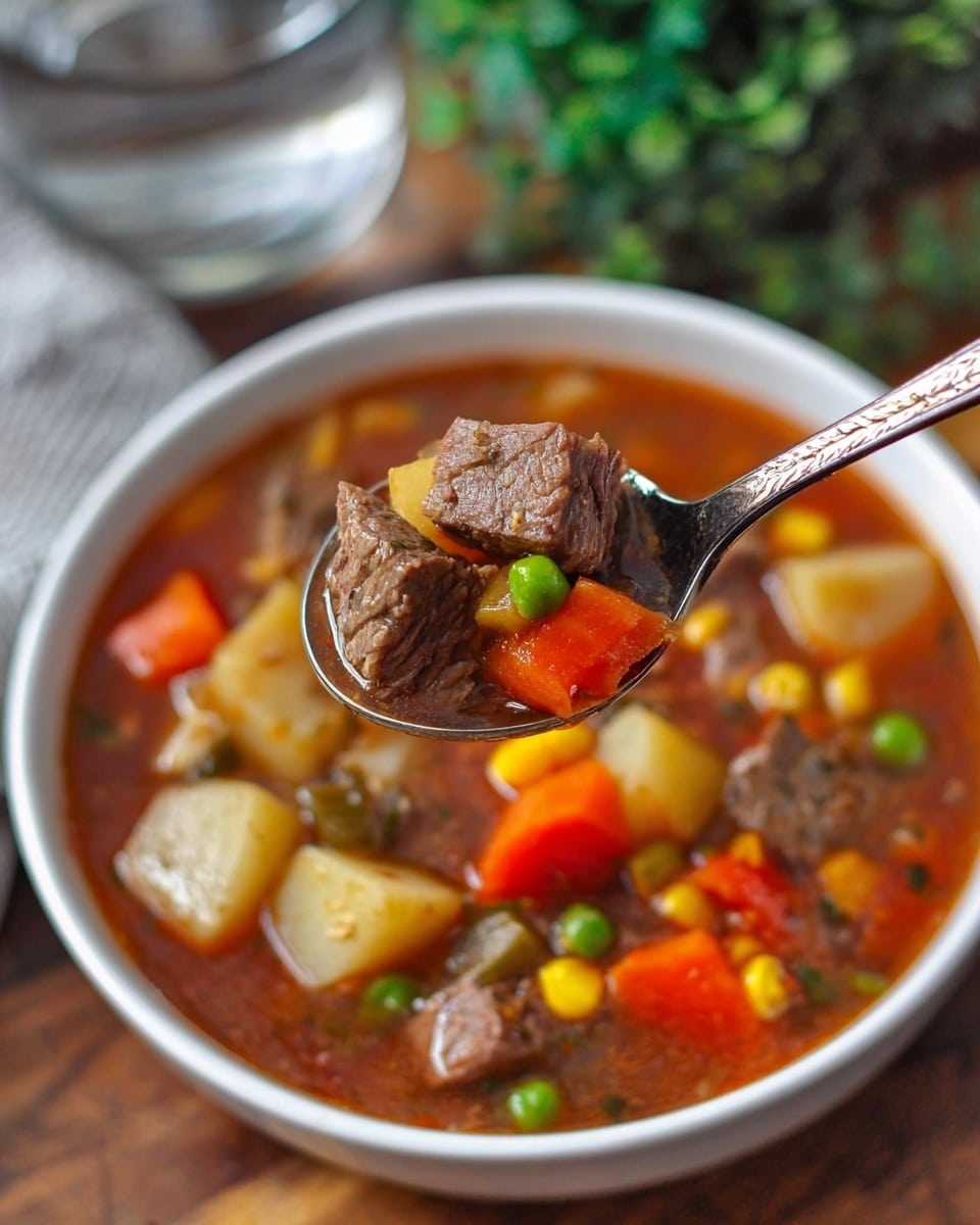A white bowl filled with chunky beef vegetable soup sits on a wooden surface. The soup has a rich brown broth with visible cubes of tender brown beef, orange carrot pieces, yellow corn, green peas, and white potato chunks all mixed together. A silver spoon holds a close-up scoop of soup showing a large piece of beef, bright orange carrot, yellow corn, green peas, and a small potato piece. The background is a soft focus of plants and a glass of water. photo taken with an iphone --ar 4:5 --v 7